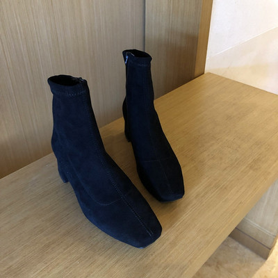 Jesen Zima Ženske čizme s patentnim zatvaračem s četvrtastim prstima Elastične antilop ženske kratke čizme Pamučne gležnjače Ženske Botas Mujer 2020 Novo izdanje