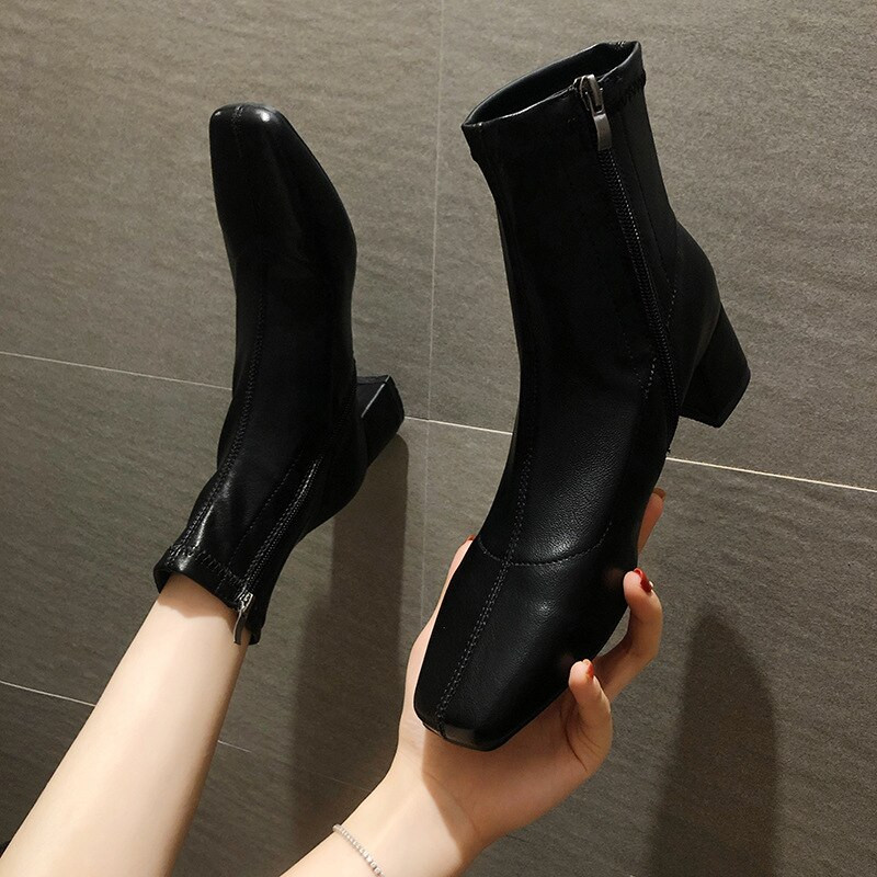 Jesen Zima Ženske čizme s patentnim zatvaračem s četvrtastim prstima Elastične antilop ženske kratke čizme Pamučne gležnjače Ženske Botas Mujer 2020 Novo izdanje