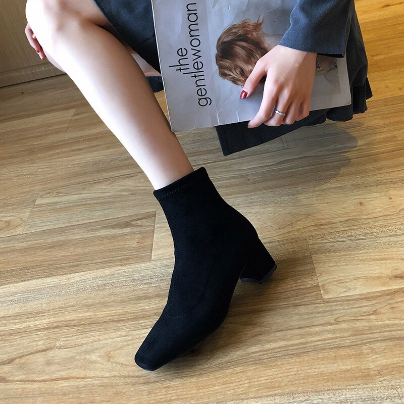 Jesen Zima Ženske čizme s patentnim zatvaračem s četvrtastim prstima Elastične antilop ženske kratke čizme Pamučne gležnjače Ženske Botas Mujer 2020 Novo izdanje