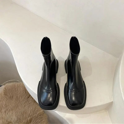 Sieviešu retro kvadrātveida augstpapēžu kurpes brūni melni Chelsea zābaki Sieviešu britu dizaineru ādas modes apavi Klasiski puszābaki