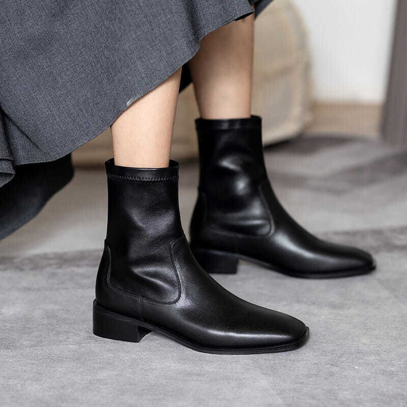 Sieviešu retro kvadrātveida augstpapēžu kurpes brūni melni Chelsea zābaki Sieviešu britu dizaineru ādas modes apavi Klasiski puszābaki
