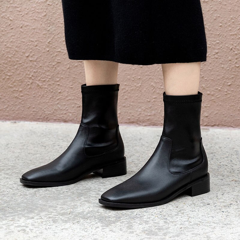 Sieviešu retro kvadrātveida augstpapēžu kurpes brūni melni Chelsea zābaki Sieviešu britu dizaineru ādas modes apavi Klasiski puszābaki