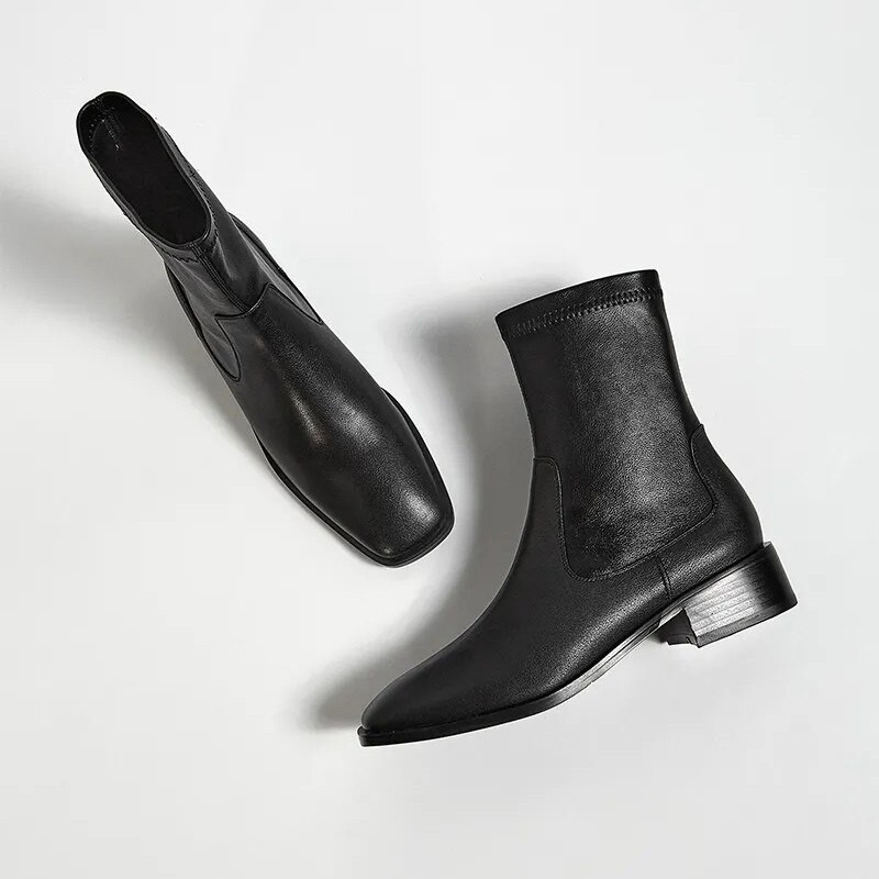 Sieviešu retro kvadrātveida augstpapēžu kurpes brūni melni Chelsea zābaki Sieviešu britu dizaineru ādas modes apavi Klasiski puszābaki