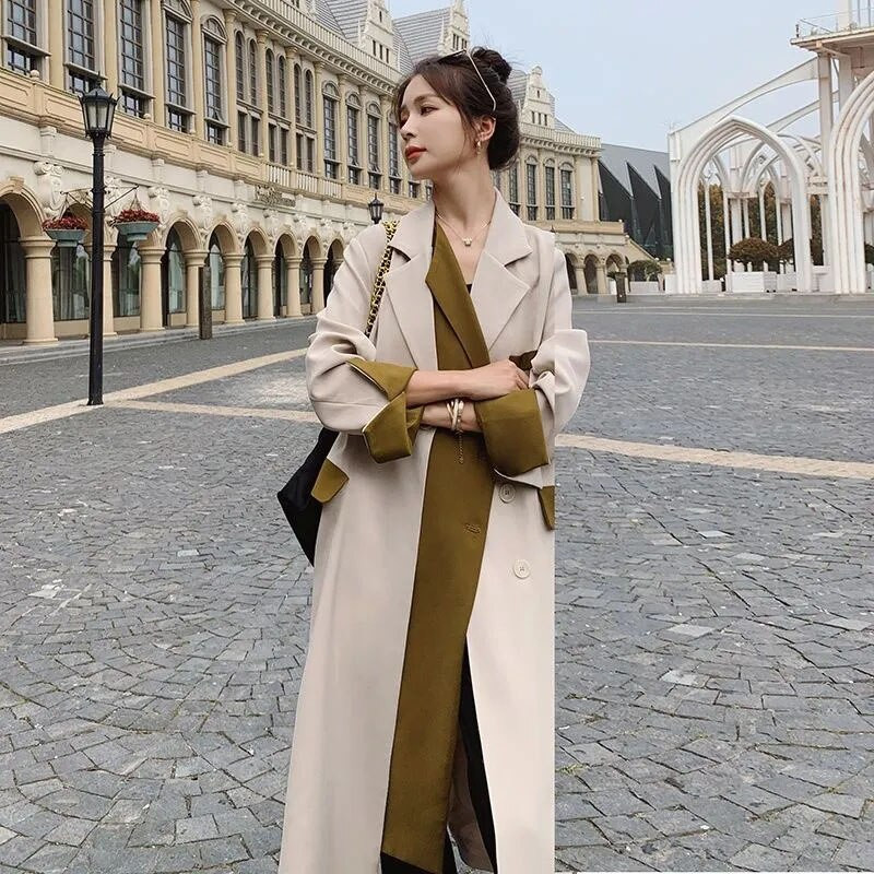 2022. Chic ženska vjetrovka usklađenih boja Proljeće Jesen Korejski vrhunski dizajn Sense Fried Street dugi trenč kaputi s remenom