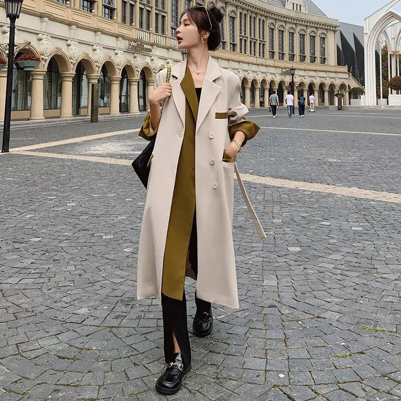 2022. Chic ženska vjetrovka usklađenih boja Proljeće Jesen Korejski vrhunski dizajn Sense Fried Street dugi trenč kaputi s remenom