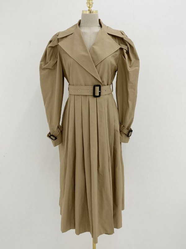 EleeMee Windbreaker Φόρεμα Γυναικείο Μπουφάν με φουσκωτό μανίκι καμπαρντίνα μονόχρωμη πλισέ ζώνη με μπουφάν μόδας 2022 Νέο φόρεμα ελεύθερο μέγεθος