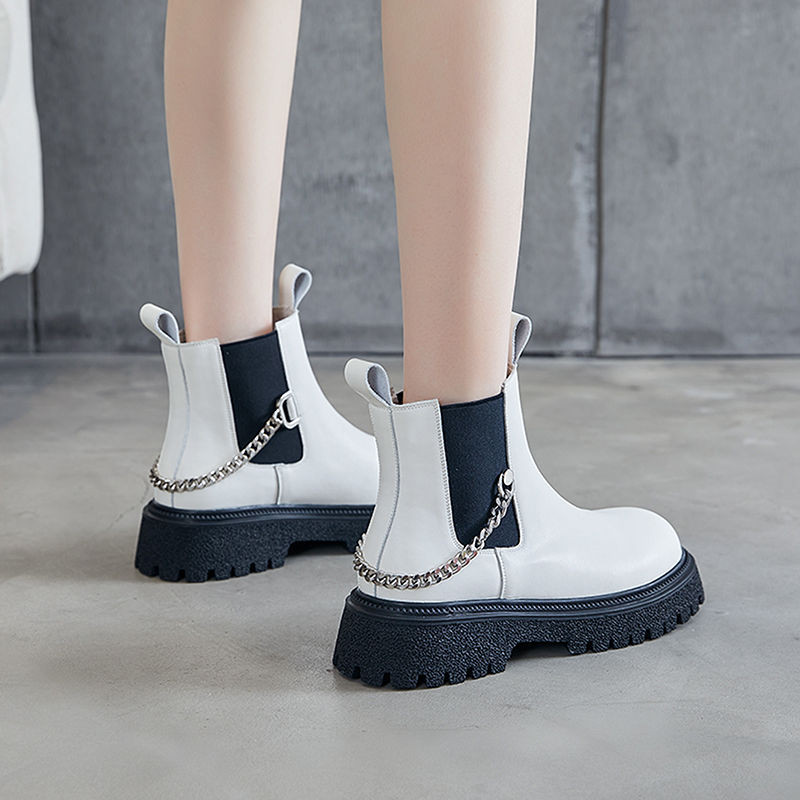 Nove punk kožne gležnjače s lancem Ženske bijele cipele s platformom Ženske čizme Ženske jesenske čizme Ljubičasti potplat Chelsea čizme