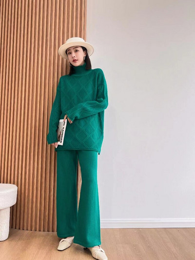 Jauns rudens ziemas bikšu džemperu komplekts ar platām kājām sievietēm, trikotāžas divdaļīgs uzvalks ar diviem modes priekšmetiem sievietēm