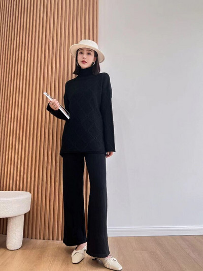 Jauns rudens ziemas bikšu džemperu komplekts ar platām kājām sievietēm, trikotāžas divdaļīgs uzvalks ar diviem modes priekšmetiem sievietēm