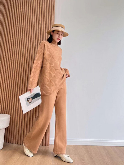 Jauns rudens ziemas bikšu džemperu komplekts ar platām kājām sievietēm, trikotāžas divdaļīgs uzvalks ar diviem modes priekšmetiem sievietēm