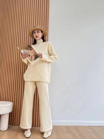 Jauns rudens ziemas bikšu džemperu komplekts ar platām kājām sievietēm, trikotāžas divdaļīgs uzvalks ar diviem modes priekšmetiem sievietēm