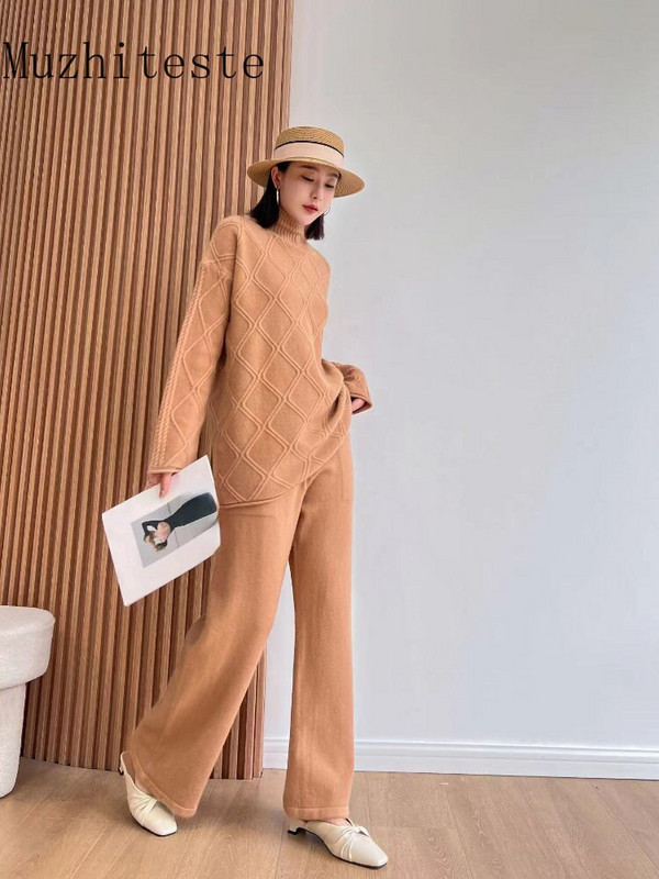 Jauns rudens ziemas bikšu džemperu komplekts ar platām kājām sievietēm, trikotāžas divdaļīgs uzvalks ar diviem modes priekšmetiem sievietēm