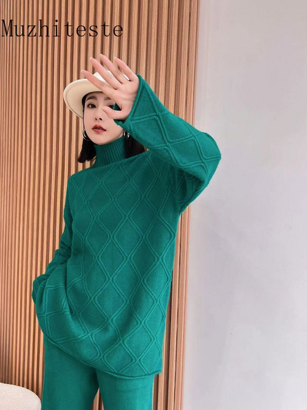 Jauns rudens ziemas bikšu džemperu komplekts ar platām kājām sievietēm, trikotāžas divdaļīgs uzvalks ar diviem modes priekšmetiem sievietēm