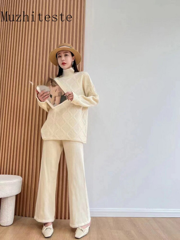 Jauns rudens ziemas bikšu džemperu komplekts ar platām kājām sievietēm, trikotāžas divdaļīgs uzvalks ar diviem modes priekšmetiem sievietēm