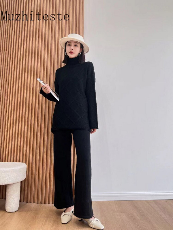 Jauns rudens ziemas bikšu džemperu komplekts ar platām kājām sievietēm, trikotāžas divdaļīgs uzvalks ar diviem modes priekšmetiem sievietēm