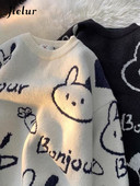 Jielur Cartoon Rabbit Y2K Kawaii Ρετρό χαριτωμένο πουλόβερ πουλόβερ με μοτίβο πλεκτό Ζεστό φαρδύ υπερμεγέθη γυναικείο φούτερ