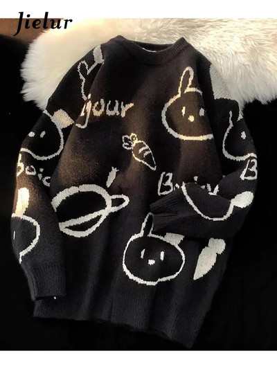 Jielur Cartoon Rabbit Y2K Kawaii Ρετρό χαριτωμένο πουλόβερ πουλόβερ με μοτίβο πλεκτό Ζεστό φαρδύ υπερμεγέθη γυναικείο φούτερ