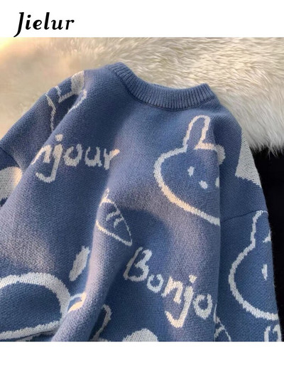 Jielur Cartoon Rabbit Y2K Kawaii Ρετρό χαριτωμένο πουλόβερ πουλόβερ με μοτίβο πλεκτό Ζεστό φαρδύ υπερμεγέθη γυναικείο φούτερ
