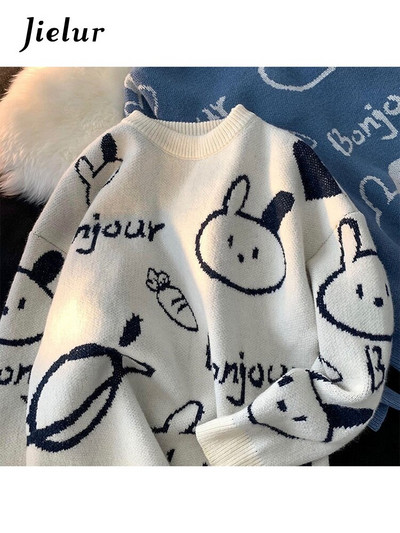 Jielur Cartoon Rabbit Y2K Kawaii Ρετρό χαριτωμένο πουλόβερ πουλόβερ με μοτίβο πλεκτό Ζεστό φαρδύ υπερμεγέθη γυναικείο φούτερ