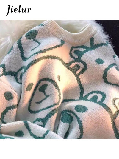 Jielur Cartoon Rabbit Y2K Kawaii Ρετρό χαριτωμένο πουλόβερ πουλόβερ με μοτίβο πλεκτό Ζεστό φαρδύ υπερμεγέθη γυναικείο φούτερ