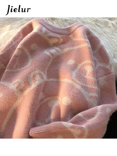 Jielur Cartoon Rabbit Y2K Kawaii Ρετρό χαριτωμένο πουλόβερ πουλόβερ με μοτίβο πλεκτό Ζεστό φαρδύ υπερμεγέθη γυναικείο φούτερ