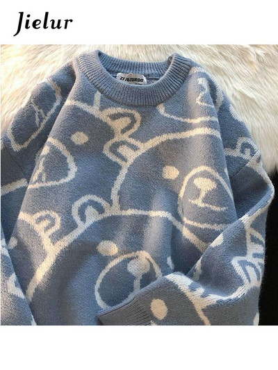 Jielur Cartoon Rabbit Y2K Kawaii Ρετρό χαριτωμένο πουλόβερ πουλόβερ με μοτίβο πλεκτό Ζεστό φαρδύ υπερμεγέθη γυναικείο φούτερ