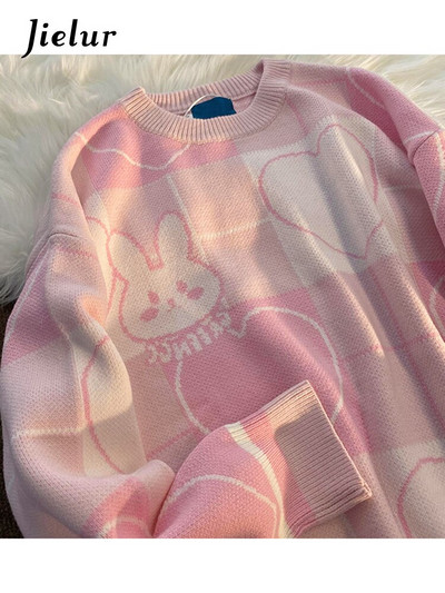 Jielur Cartoon Rabbit Y2K Kawaii Ρετρό χαριτωμένο πουλόβερ πουλόβερ με μοτίβο πλεκτό Ζεστό φαρδύ υπερμεγέθη γυναικείο φούτερ