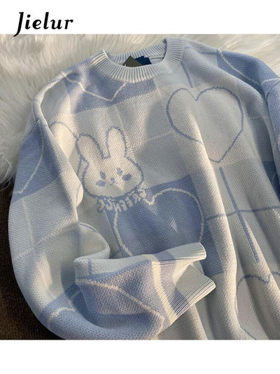 Jielur Cartoon Rabbit Y2K Kawaii Ρετρό χαριτωμένο πουλόβερ πουλόβερ με μοτίβο πλεκτό Ζεστό φαρδύ υπερμεγέθη γυναικείο φούτερ