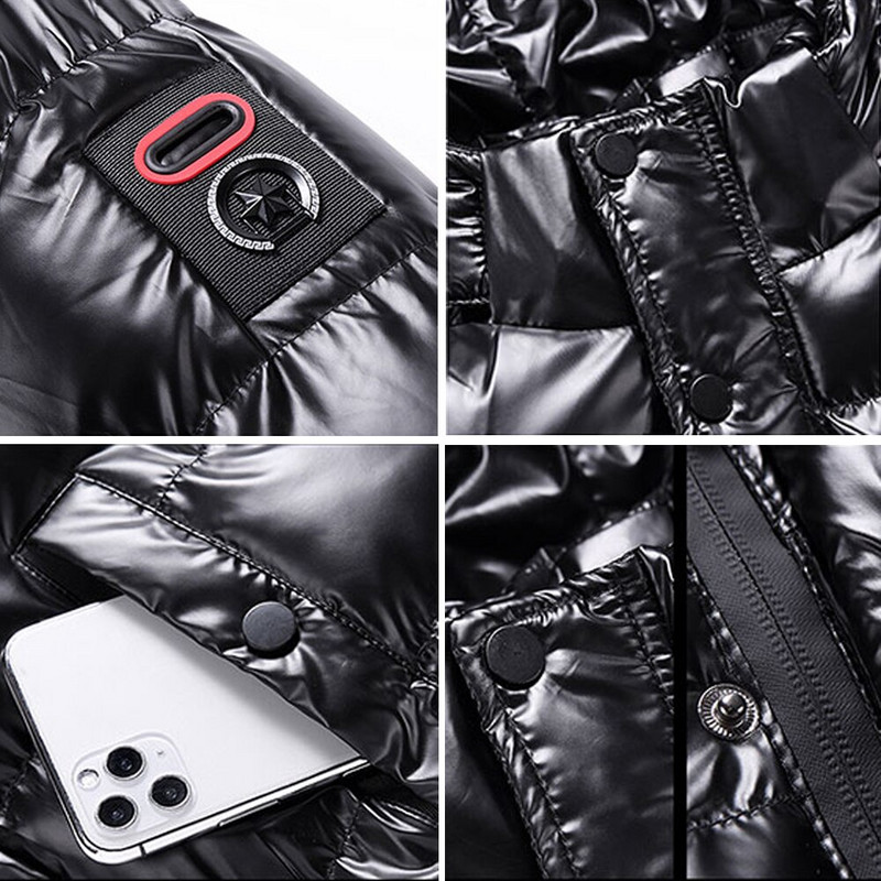 Ανδρικό μπουφάν Casual Parka Εξωτερικά Ενδύματα Νέο Φωτεινό Δερμάτινο Χειμερινό Αδιάβροχο Γέμισμα Εξωτερικό Παλτό με κουκούλα ζεστό σταντ