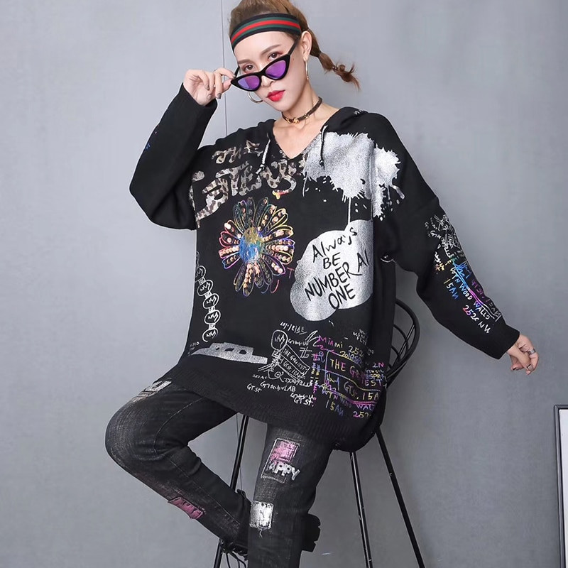 Wooter Ženski zimski High Street stil Debeli pulover s bronzanim printom u boji, punih rukava, odgovara svim opuštenim modnim