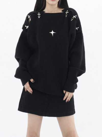 Rudens/ziemas jauns metāla pogas dobs trikotāžas sieviešu džemperis augstas kvalitātes vienas apkakles dizains Sense garām piedurknēm ikdienas džemperis