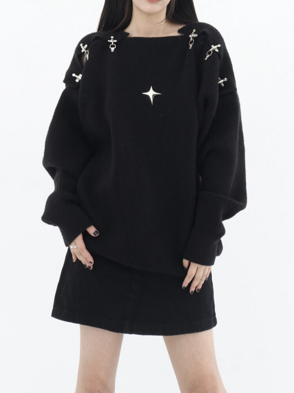 Rudens/ziemas jauns metāla pogas dobs trikotāžas sieviešu džemperis augstas kvalitātes vienas apkakles dizains Sense garām piedurknēm ikdienas džemperis