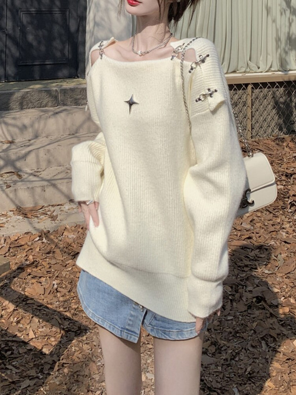 Rudens/ziemas jauns metāla pogas dobs trikotāžas sieviešu džemperis augstas kvalitātes vienas apkakles dizains Sense garām piedurknēm ikdienas džemperis