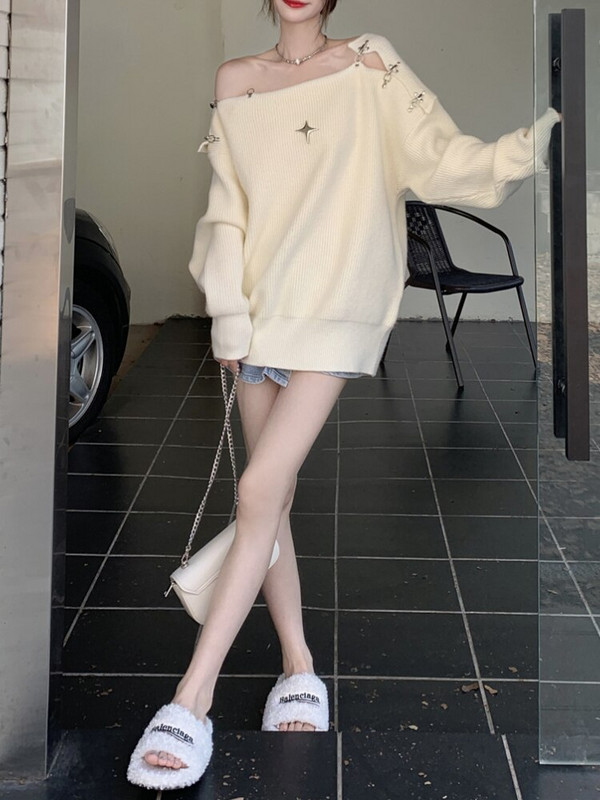 Rudens/ziemas jauns metāla pogas dobs trikotāžas sieviešu džemperis augstas kvalitātes vienas apkakles dizains Sense garām piedurknēm ikdienas džemperis