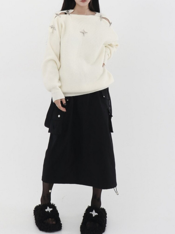 Rudens/ziemas jauns metāla pogas dobs trikotāžas sieviešu džemperis augstas kvalitātes vienas apkakles dizains Sense garām piedurknēm ikdienas džemperis