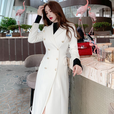 Ανοιξιάτικο γυναικείο αντιανεμικό 2022 Classic OL Κομψό μακρύ σακάκι λευκό μεταλλικό κουμπί με διπλό στήθος Jaqueta Feminina Office Street