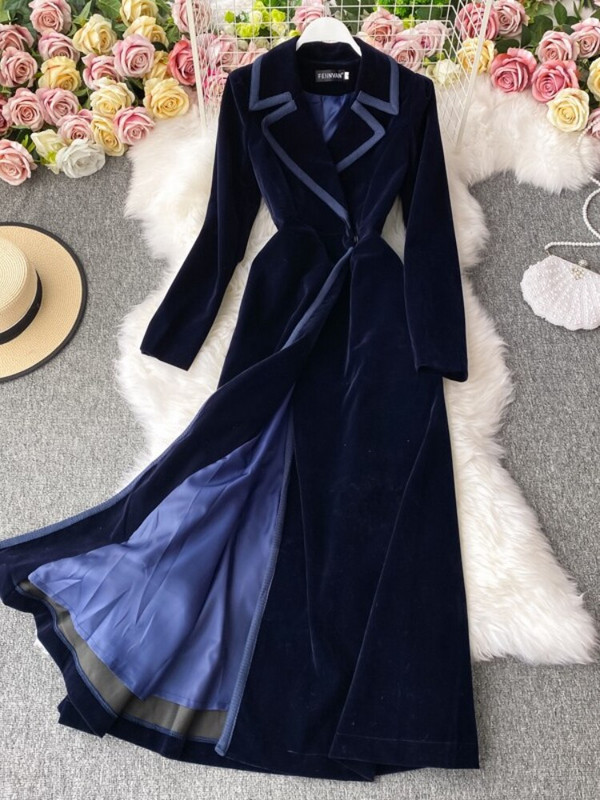 Κομψό γυναικείο παλτό Φθινοπωρινό χειμερινό βελούδινο κοστούμι με γιακά Φόρεμα μακρύ μέχρι τον αστράγαλο πάνω από το γόνατο Μόδα ιδιοσυγκρασία Μακριά καμπαρντίνα