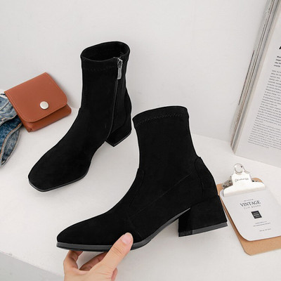 Sieviešu puszābaki 2022. gada rudens ziemas, pievelkams vidēja papēža kvadrātveida purngals, elastīgs ganāmpulks, ikdienas zābaki, sieviešu apavi, liela izmēra 42 43