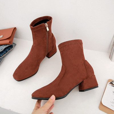 Sieviešu puszābaki 2022. gada rudens ziemas, pievelkams vidēja papēža kvadrātveida purngals, elastīgs ganāmpulks, ikdienas zābaki, sieviešu apavi, liela izmēra 42 43