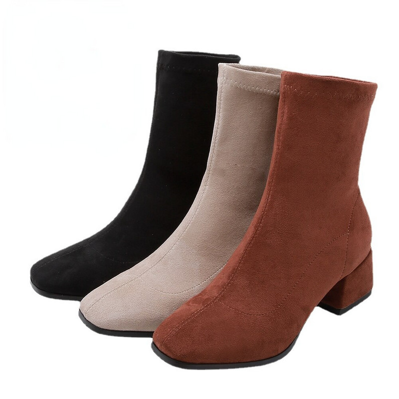 Sieviešu puszābaki 2022. gada rudens ziemas, pievelkams vidēja papēža kvadrātveida purngals, elastīgs ganāmpulks, ikdienas zābaki, sieviešu apavi, liela izmēra 42 43