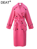 DEAT sieviešu rozā dubultpogu tranšeja ar vērtnēm atloks ar garām piedurknēm biroja sieviešu stila mētelis 2022. gada jauna rudens mode 15JK722