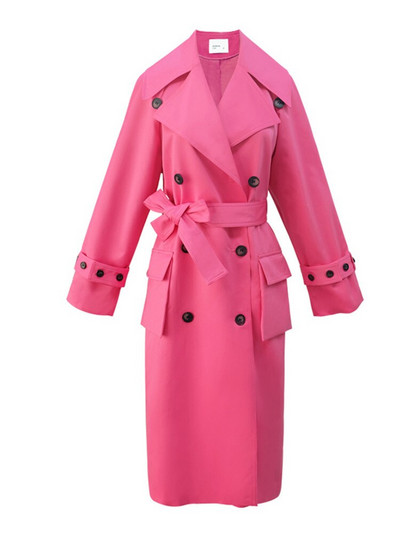 DEAT sieviešu rozā dubultpogu tranšeja ar vērtnēm atloks ar garām piedurknēm biroja sieviešu stila mētelis 2022. gada jauna rudens mode 15JK722