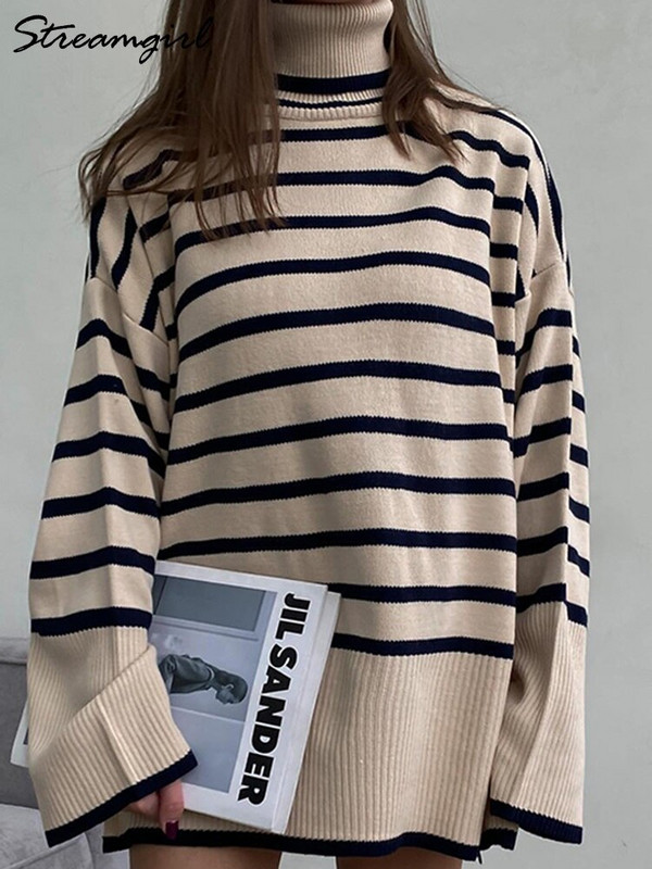Ženski pulover s dolčevitom i velikim ovratnikom za zimu 2022. Ženski puloveri na pruge Topli džemper Debeli pulover za žene prekomjerne veličine
