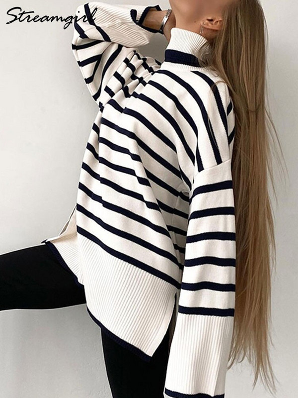 Ženski pulover s dolčevitom i velikim ovratnikom za zimu 2022. Ženski puloveri na pruge Topli džemper Debeli pulover za žene prekomjerne veličine