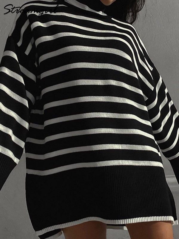Ženski pulover s dolčevitom i velikim ovratnikom za zimu 2022. Ženski puloveri na pruge Topli džemper Debeli pulover za žene prekomjerne veličine