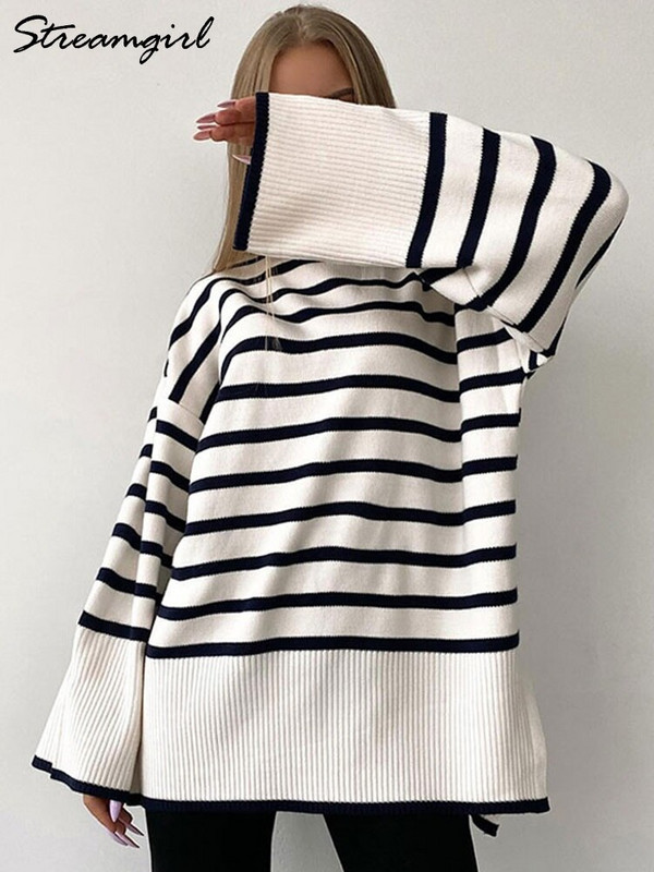 Ženski pulover s dolčevitom i velikim ovratnikom za zimu 2022. Ženski puloveri na pruge Topli džemper Debeli pulover za žene prekomjerne veličine