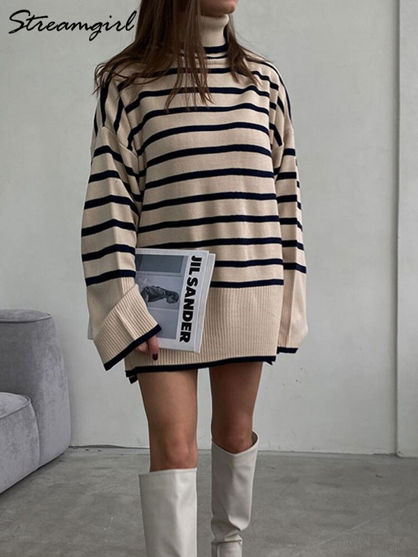 Ženski pulover s dolčevitom i velikim ovratnikom za zimu 2022. Ženski puloveri na pruge Topli džemper Debeli pulover za žene prekomjerne veličine