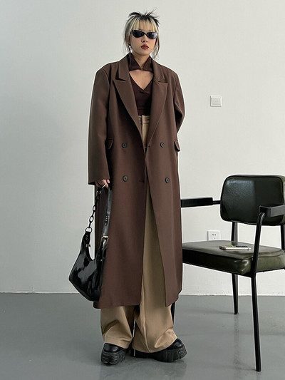 [EAM] Sieviešu brūns, liela izmēra, garas tranšeja, jauns atloks, garām piedurknēm, brīvi pieguļoša vējjaka, modes plūdmaiņas, 2022. gada pavasara rudens 1DF0079