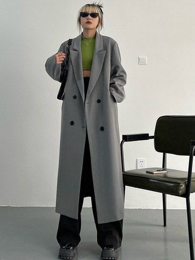 [EAM] Sieviešu brūns, liela izmēra, garas tranšeja, jauns atloks, garām piedurknēm, brīvi pieguļoša vējjaka, modes plūdmaiņas, 2022. gada pavasara rudens 1DF0079