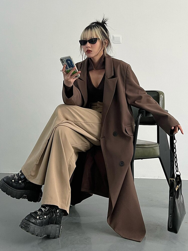 [EAM] Sieviešu brūns, liela izmēra, garas tranšeja, jauns atloks, garām piedurknēm, brīvi pieguļoša vējjaka, modes plūdmaiņas, 2022. gada pavasara rudens 1DF0079